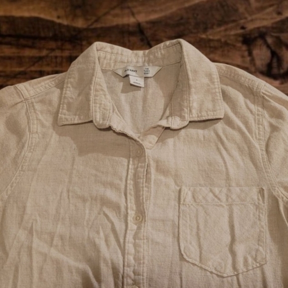 "OLD NAVY" WOMEN'S THE TUNIC SHIRT ~ BEIGE BUTTON-DOWN LONG-SLEEVE SZ. SP - Picture 2 of 8